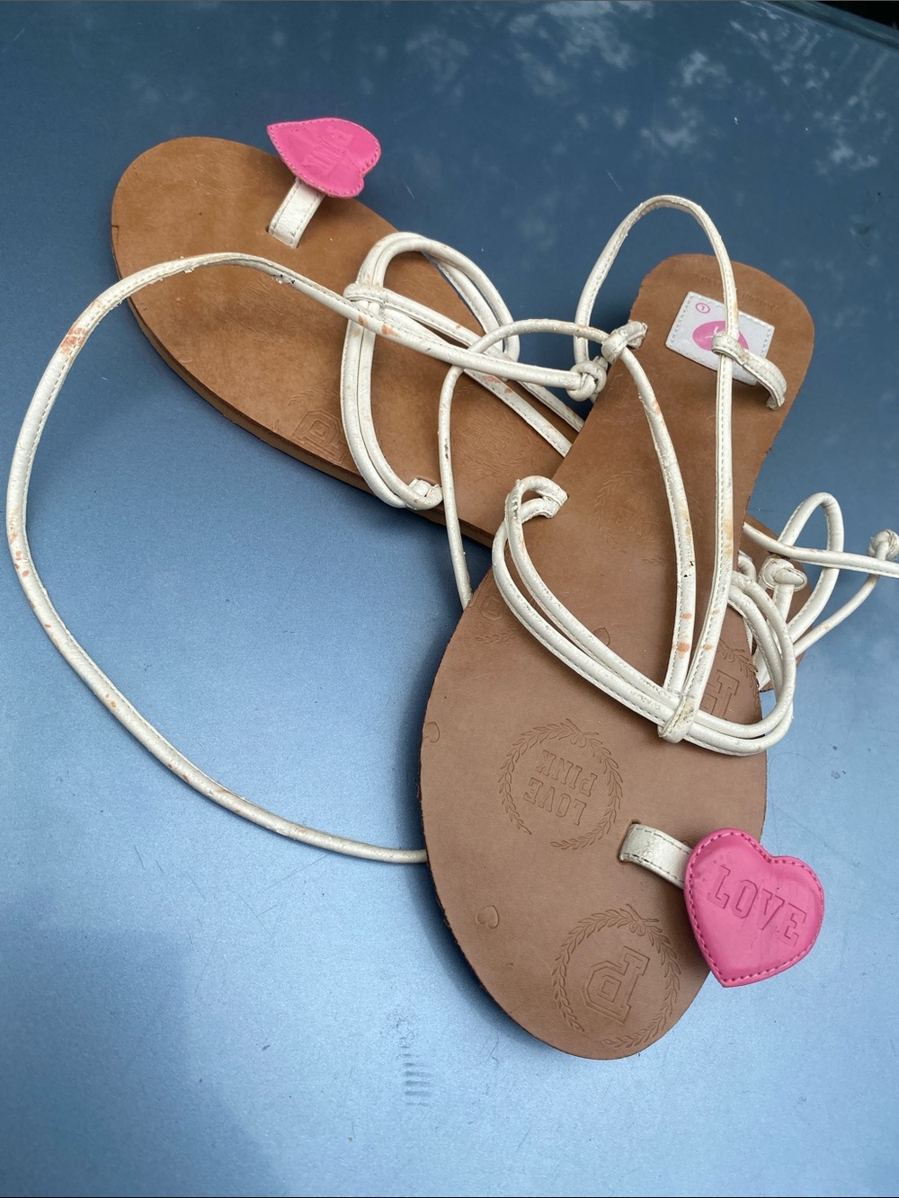 PINK Victoria's Secret Gold Lace-Up Sandals with Pink Heart